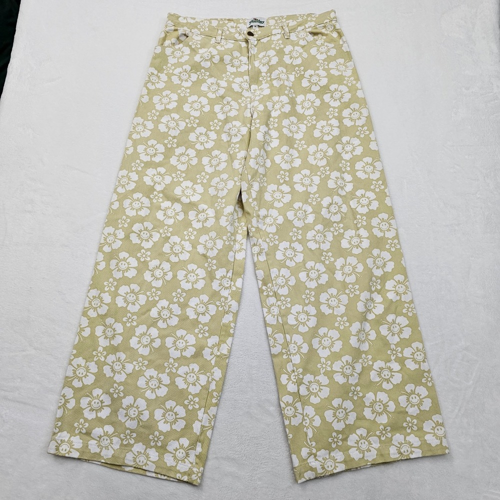 Holiday Happy Hibiscus Kokomo Pants Womens 36 Yellow Floral Smiley Wide Leg - Picture 2 of 10
